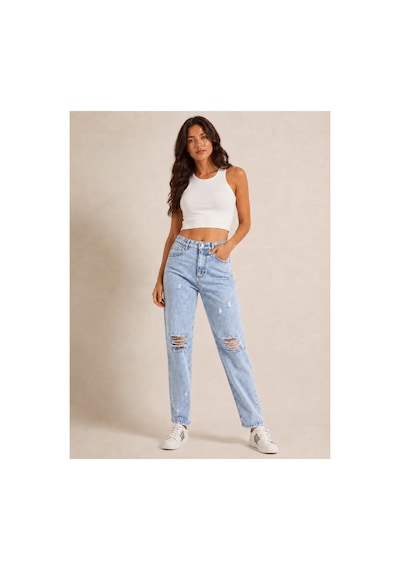 Kene Jeans Yüksek Bel Diz Lazer Yırtık Taş Yıkama Mom Jeans Pantolon Taş Yıkama