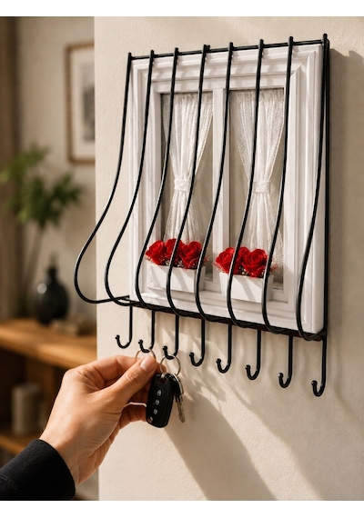 Ahşap Pencere Tasarımlı Duvar Tipi Anahtarlık Anahtar Askılığı Dekoratif Organizer Beyaz