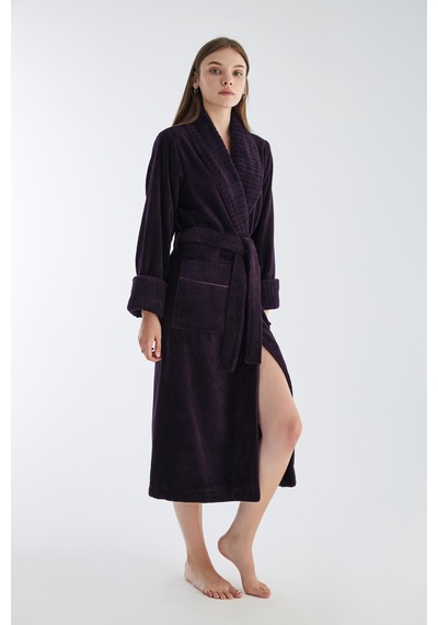 Yaka Fitilli Triga Bambu Cotton Bayan Bornozu Mor