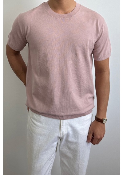 Tarz Cool Erkek Slim Fit Bisiklet Yaka Triko T-shirt Pembe