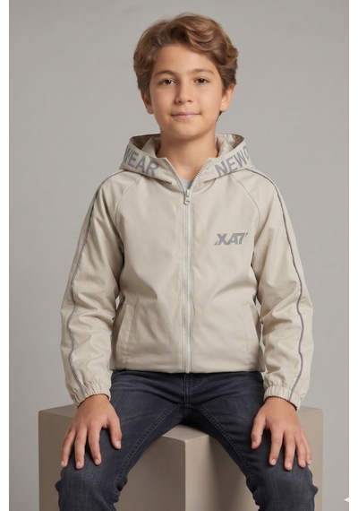 Erkek Çocuk Kapüşonlu Kolları Şeritli Baskılı Bondik Kumaş Mevsimlik Mont Mm5011 Bej