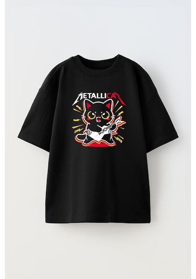 Thewert Unisex Metallıca Cat Red Tasarım Baskılı Pamuk Sıyah Oversize T-shirt Siyah
