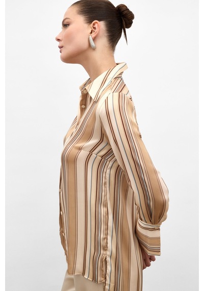 Sateen Renkli Çizgili Gömlek - Camel-136814 CAMEL