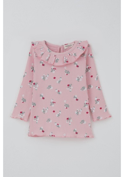 Breeze Kız Bebek Taytlı Takım Çiçek Desenli Yaka Kısmı Fırfır Detaylı 6 Ay-2 Yaş, Pembe Pembe