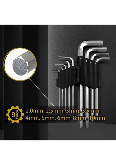 Kenet 9 Parça Alyan Takımı, Uzun Boy -yüksek Kalite 2mm,2.5mm, 3mm, 3.5mm, 4mm, 5mm, 6mm, 8mm V