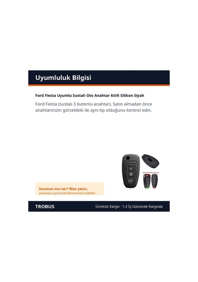 Trobus Ford Fiesta Uyumlu Katlanır Oto Anahtar Kılıfı Silikon Siyah