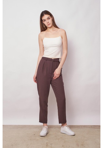 JUMENT Keten Yüksek Bel Pileli Beli Lastikli Kemerli Boyfriend Pantolon-kahve