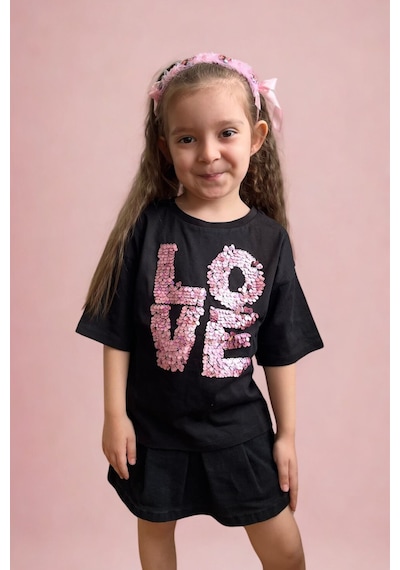 2474 Kız Çocuk Siyah Payet Sloganlı T-shirt 4-12 Yaş - 90 Siyah