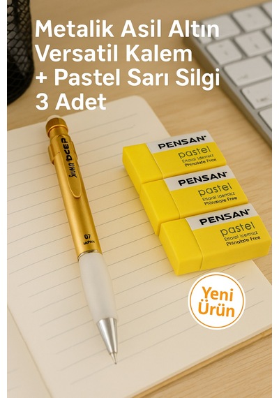 Metalik Lav Kırmızı Versatil Kalem + Pastel Turuncu Silgi 3 Adet Metalik Altın