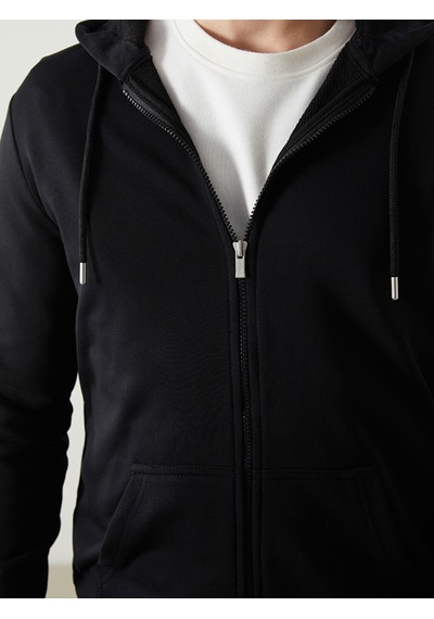 Lcwaıkıkı Basic Siyah Kapüşonlu Uzun Kollu Erkek Fermuarlı Sweatshirt