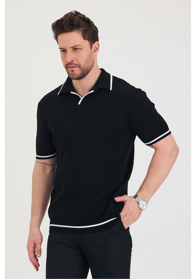 Cool Tarz Erkek Yaka Kol Etek Beyaz Çizgi Detaylı Siyah Triko T-shirt Siyah Siyah