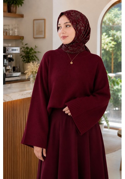 Unika Boutique Kadın Yarasa Kol Oversize Triko Kazak Bordo