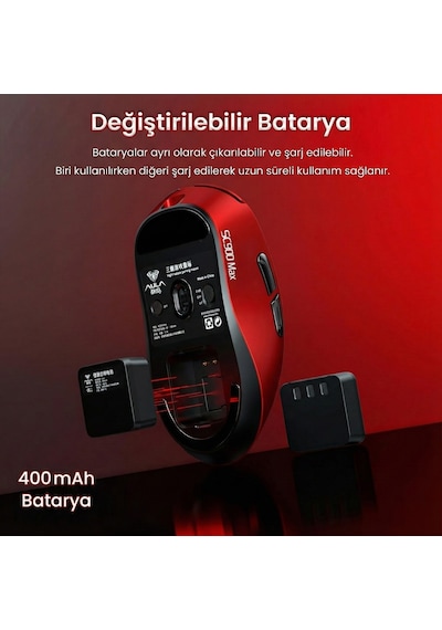 Aula Sc900 Max Paw3395 Sensör 30000 Dpı 8000hz Kablolu Ve Kablosuz Gaming Oyuncu Mouse Kırmızı Sc900-mxrd