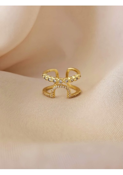 Oval İki Sıralı Taşlı Model Ayarlanabilir Gold Altın Renkli Yüzük Gold