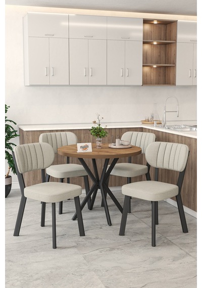 Gnr 90cm Sabit Atlantik Mutfak Masası Takımı, Yemek Masası, 4 Modern Krem Sandalye Krem