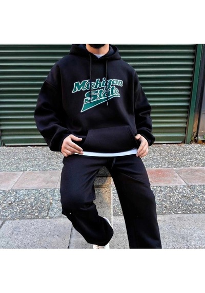Startmore Adrift Unisex Erkek/kadın Michigan Renkli Özel Baskılı Oversize Kapüşonlu Sweatshirt Siyah Siyah