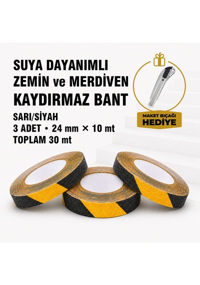 Suya Dayanımlı Sarı / Siyah Kaydırmaz Bant 24 Mm X 10 Mt 3 Lü Set Maket Bıçağı Hediyeli