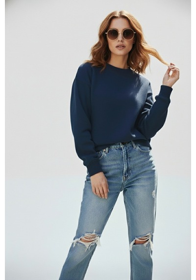 Uyguntarz Unisex Yumuşak Dokulu Düz 3 İplik Oversize Sıfır Yaka Sweatshirt Sade Ve Modern Görünüm İndigo