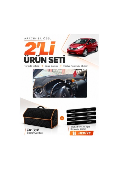 Nissan Note E12 2009-sonrası Uyumlu Torpido Örtüsü + Tay Tüyü Çanta + Sticker - Siyah Kahverengi