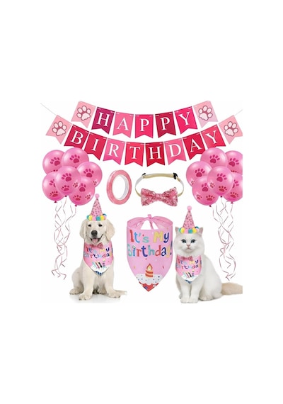 Evcil Hayvan Doğum Günü Süsleme Seti Pembe Köpek Ve Kedi İçin Birthday Party Konsept Paketi