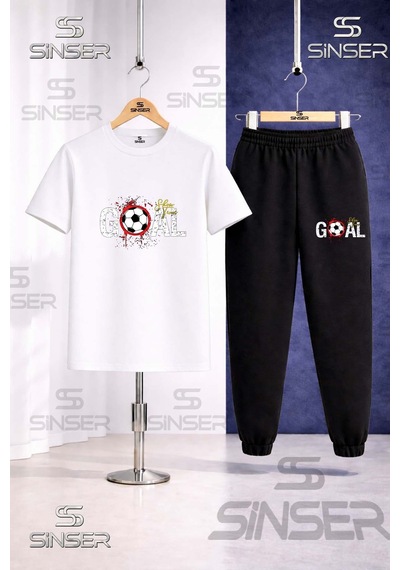 Ss Sinser Çocuk Goal Lekelı Yazı Top Baskılı Tişort Eşofman Takımı Beyaz - Siyah