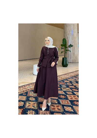 Riella Butik Moré Düğme Detaylı Tesettür Takım Mürdüm