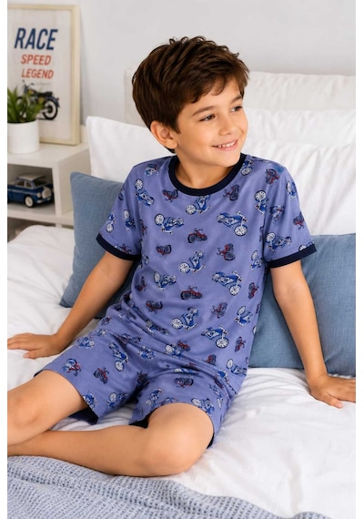 Tenra Erkek Çocuk Pamuklu Şortlu Pijama Takımı 3-12 Yaş Mavi