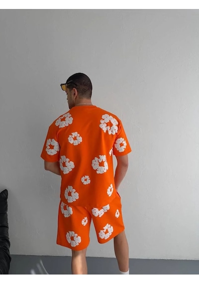 Assema Erkek İki İplik Kumaş Baskılı T-shirt Şortlu Alt-üst Takım- Turuncu Çok Renkli