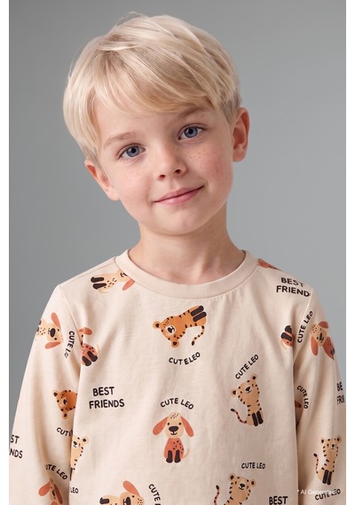 Defacto %100 Pamuk Uzun Kollu Bisiklet Yaka Üst Jogger Alt Hayvan Baskılı 2li Pijama Takımı Erkek Bebek H6537a526aubg734 Bej-bg734
