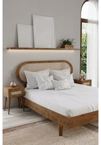 Renazzo Padova Hazeran Başlıklı Masif Ahşap Karyola Ve 2 Ceviz 180x200 Ceviz - 180 X 200