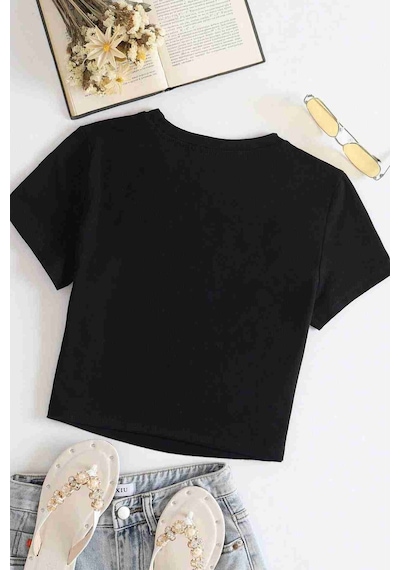 Merry See Pamuklu Yumuşak Dokulu Kısa Kol Bisiklet Yaka Bluz Crop Siyah 001