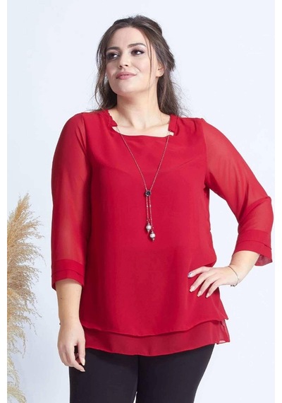 Moda Berray 1934 Kolyeli Şifon Büyük Beden Şık Bluz Kırmızı Kırmızı Moda Berray 1934 Kolyeli Şifon Büyük Beden Şık Bluz Kırmızı Kırmızı