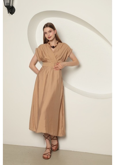 Rabia Çelik Kemerli Midi Nude Elbise Nude Nude