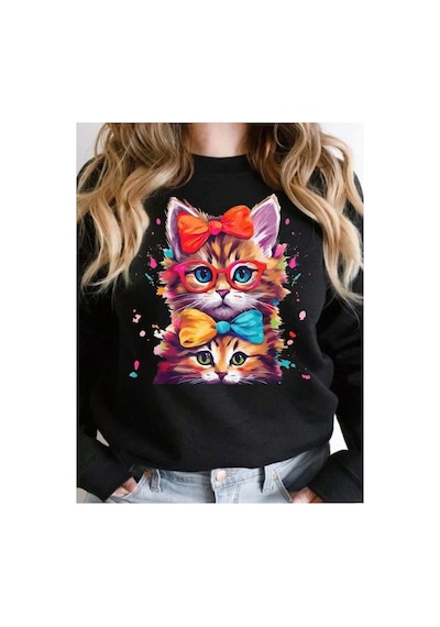 Magors Stıl-x Sevgililer Gününe Özel Renkli Kedi Baskılı Bisiklet Yaka Oversıze Unısex Sweatshırt Siyah Magors Stıl-x Sevgililer Gününe Özel Renkli Kedi Baskılı Bisiklet Yaka Oversıze Unısex Sweatshırt Siyah