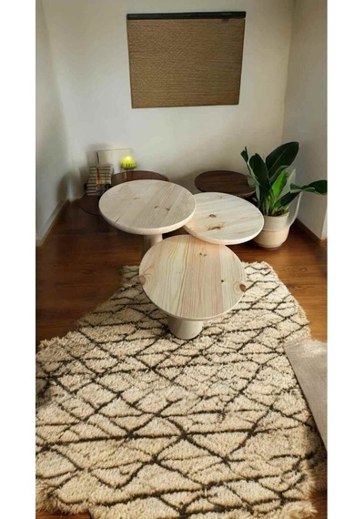 Ahşap Mantar Sehpa 3 Lü Set Naturel Renk Masif Zigon Ve Fiskos Bej