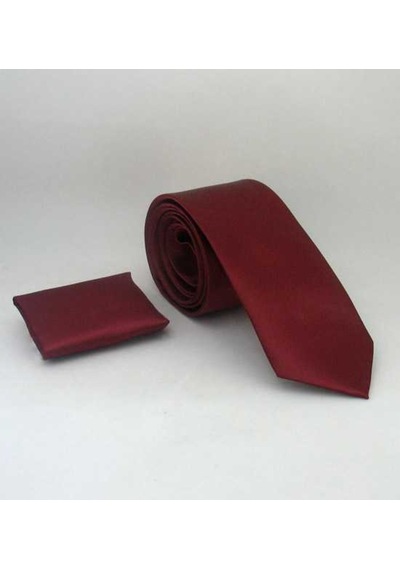 Gaffy Bordo Slim Fit İnce Düz Renk Mendilli Saten Kravat - SS-37 Bordo