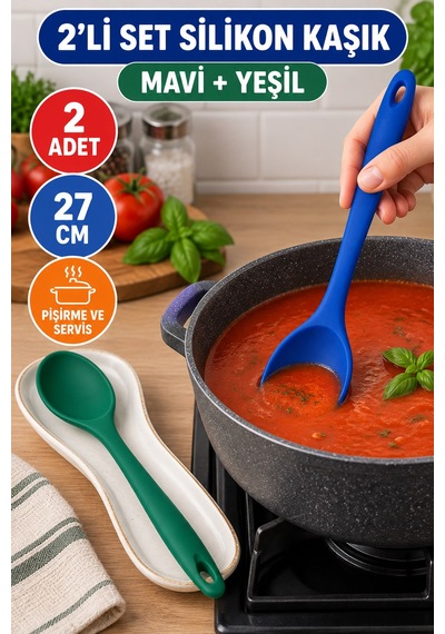 2'li Set Mavi Yeşil Büyük Boy Silikon Kaşık 27 Cm Mutfak Yemek Pişirme Ve Servis Kaşığı 2 Renkli Set