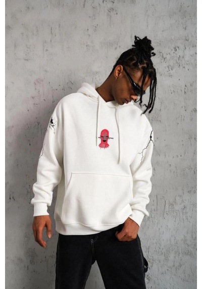 Erkek 3 İplik Pamuklu Kapüşonlu Baskılı Cepli Oversize Sweatshirt Hoodie - Beyaz