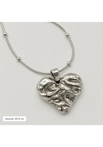 Kadın Gümüş Renk Kabartmalı Kalp Uçlu Boncuk Detaylı 316l Paslanmaz Çelik Kolye 40+5 Cm Renkli