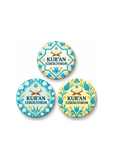 Kur An Ezberliyorum Çini Ve Laleler - 3 Lü 58mm Rozet Seti Çok Renkli
