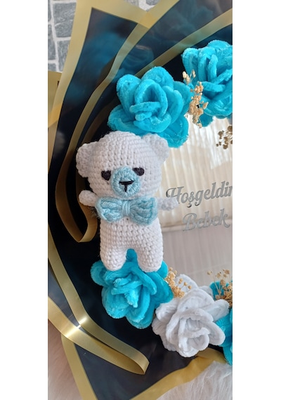 Ayıcıklı Hoşgeldin Bebek Çiçek Buketi - Yenidoğan Erkek Bebek Hediyesi - Bebek Hediyesi Mavi - Beyaz