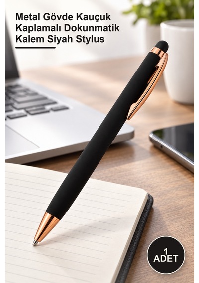 1 Adet Tükenmez Kalem Rubber Touchpen Metal Gövde Kauçuk Kaplamalı Dokunmatik Kalem Siyah Stylus