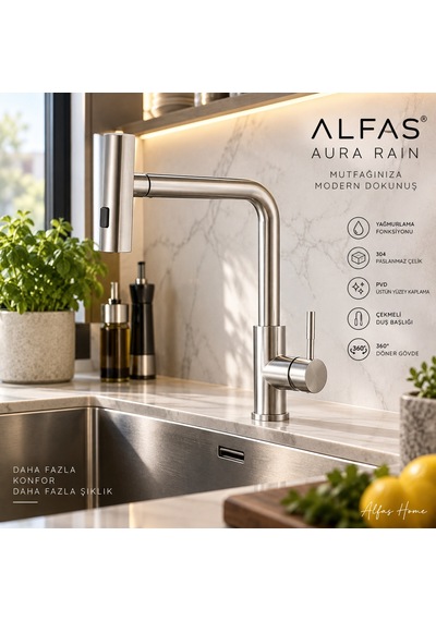 Alfas Aura Rain İnox Çekmeli Mutfak Evye Bataryası Yağmurlama Fonksiyonlu Pvd 304 Paslanmaz Çelik Inox