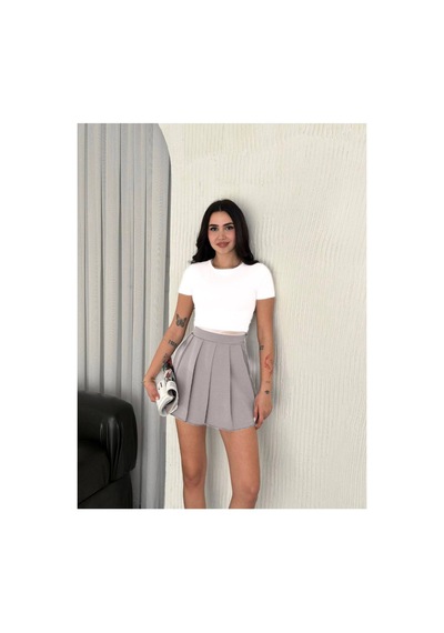 Gugus Kadın Şort/etek Pileli Fermuar Kapamalı Trend Model Açık-gri