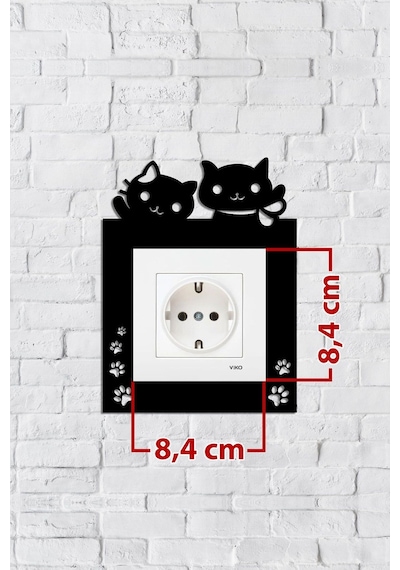 Sevimli Kedi Tasarım Priz Çerçevesi İç Ölçü 8,4x8,4 Cm Dekoratif Priz - Anahtar Çerçevesi Siyah