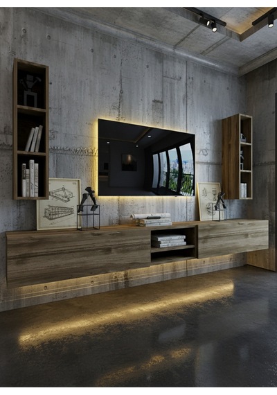 Resital Ledli Duvara Monte Tv Sehpası - Ceviz - W6002-2 Çok Renkli