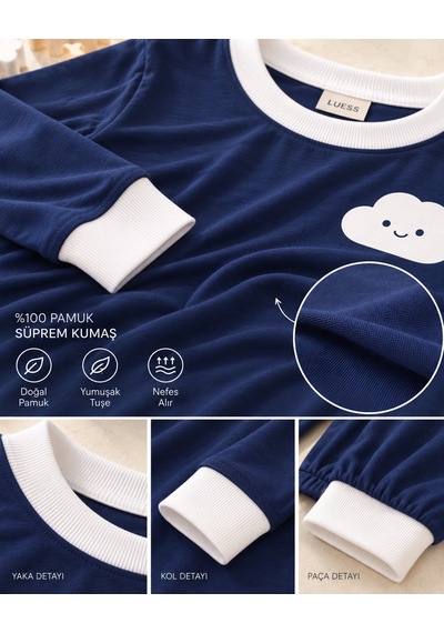Luess Erkek Çocuk Lacivert Bulut Baskılı Uzun Kollu Süprem Pijama Takımı