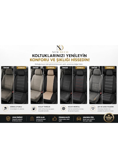 Renault Clio 2 Uyumlu Oto Koltuk Kılıfı Tam Set Airbag Uyumlu 4 Mevsim Cotfit Serisi