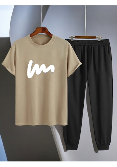 Uyguntarz Unisex W Yazı Tasarım Basklı Tshirt Eşofman Takımı Bej