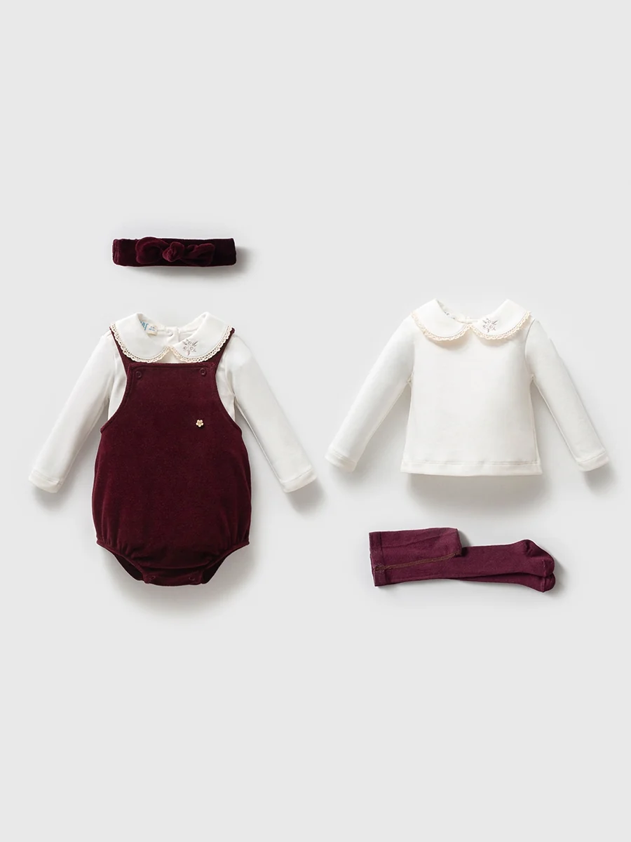 Momercy Kız Bebek Kadife Tulum Salopet Body Çorap Bandana Kutulu Hediyelik 4lü Set Bordo